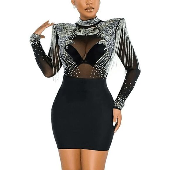 ✨💎 Sexy Rhinestone Embellished Mesh Nightclub Bodycon Party Sparkly Dress S NEW - Picture 1 of 17